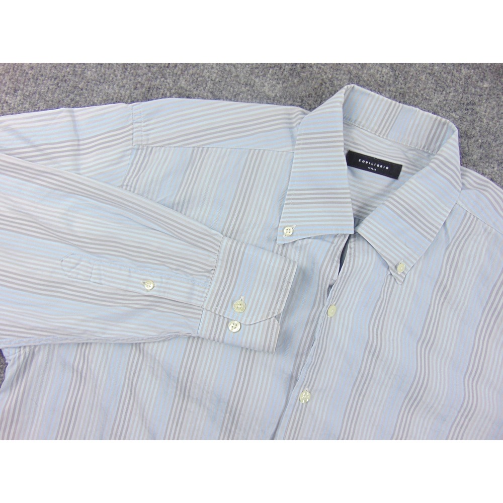 Equilibrio Button Down Shirt Mens‎ Large Blue Tan Striped Long Sleeve Italy